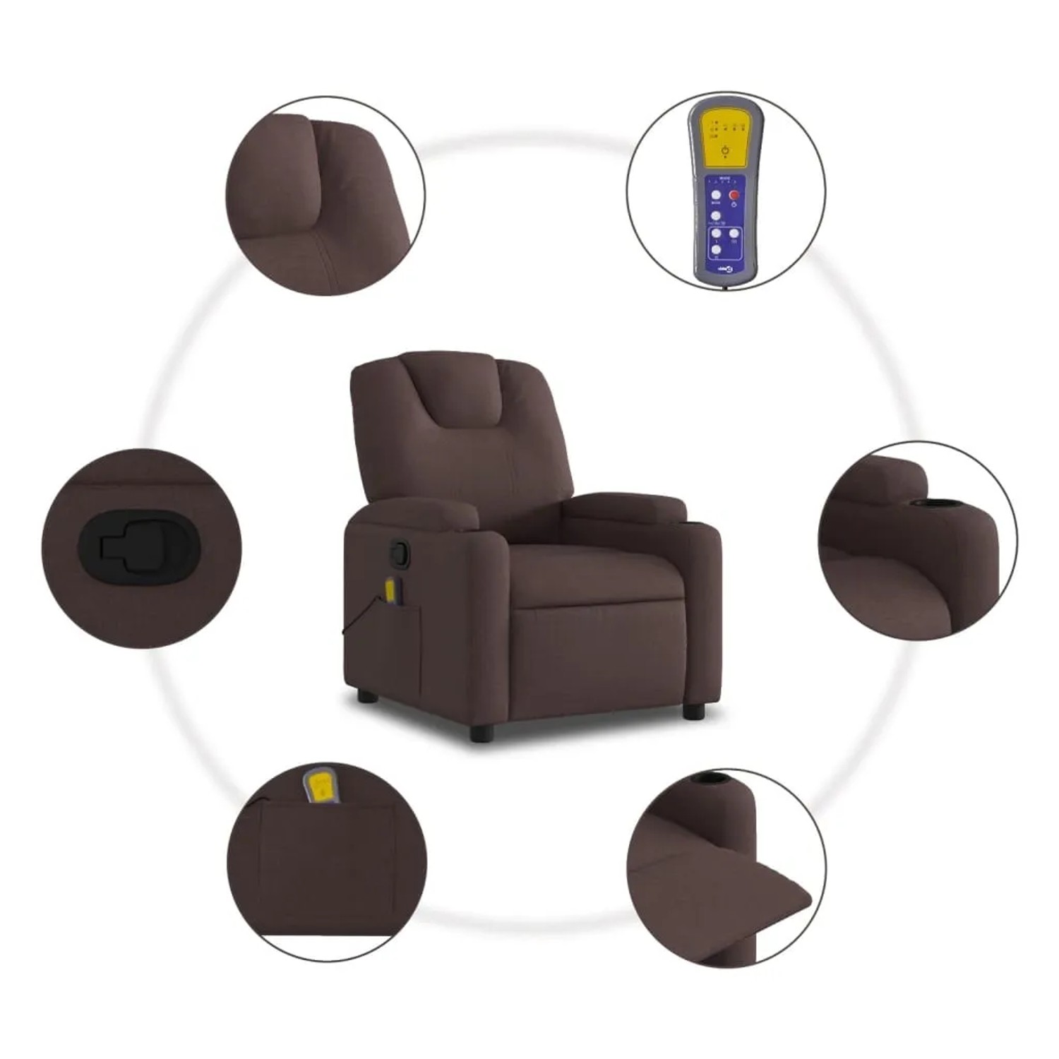 Dunkelbrauner vidaXL Massagesessel aus Stoff mit Getränkehalter und Fernbedienung.
