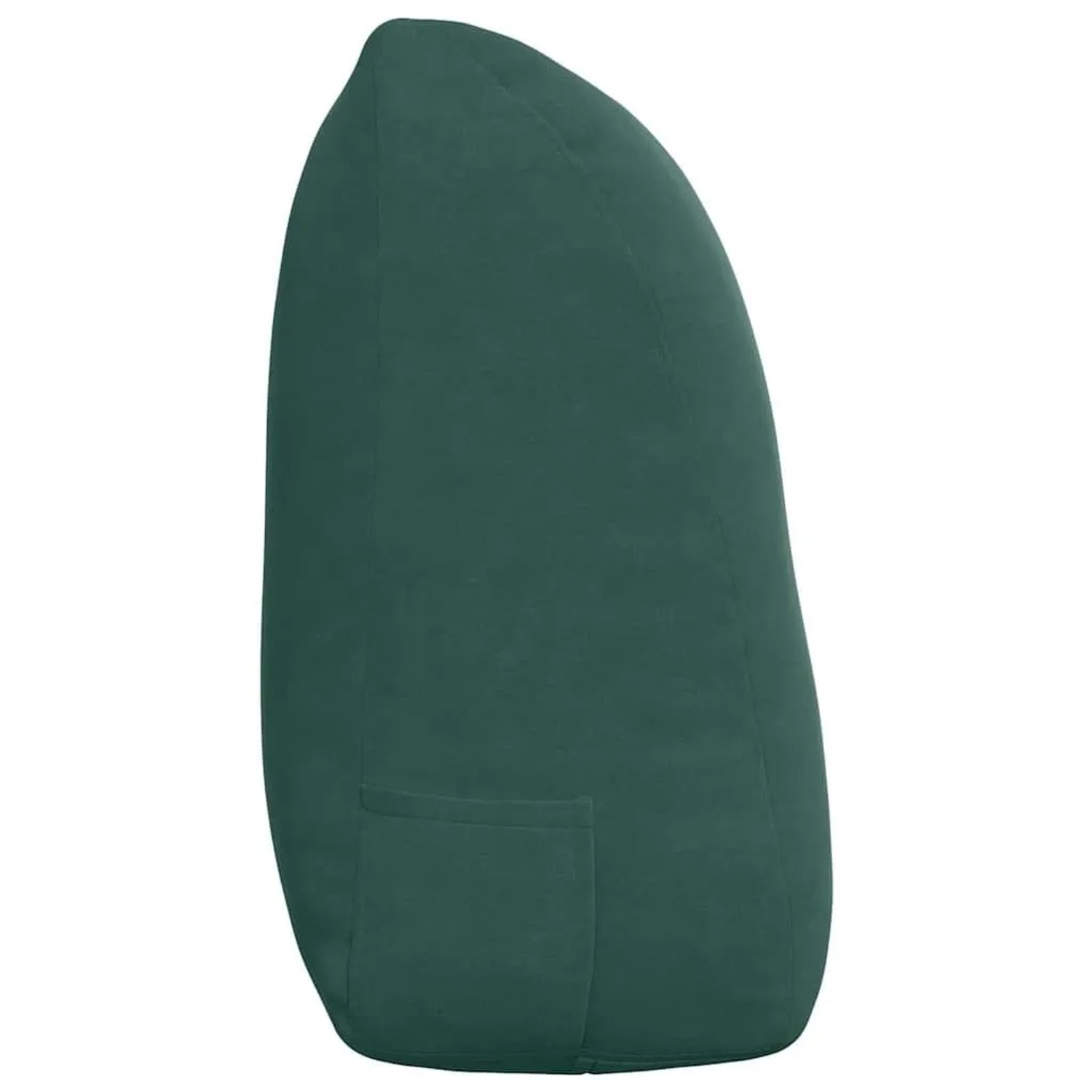 Dunkelgrünes Samt-Rückenkissen mit ergonomischer Form und praktischer Seitentasche. Ideal für Sofa oder Bett.