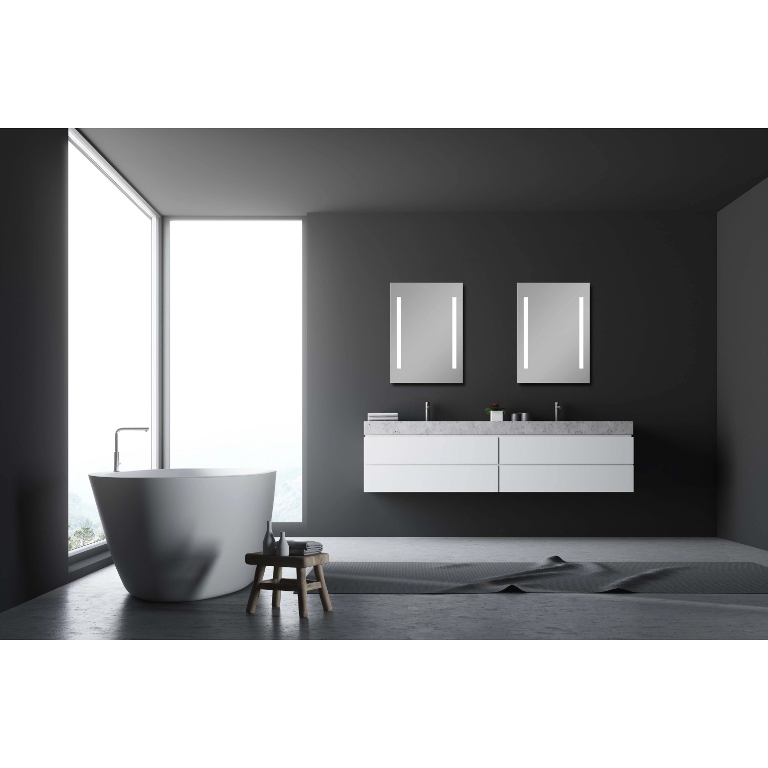 DSK Design LED-Lichtspiegel Silver Beam 50x70 im modernen Bad mit Wanne und Waschtisch.