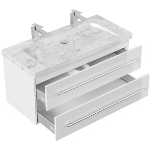 Posseik Badmöbel-Set Yamo, 100 cm, Weiß Hochglanz mit Marmor Carrara Waschbecken.