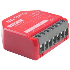 Rotes Shelly Smart-Relais 1PM Gen4 im 4er-Pack für die Hausautomation, Detailansicht der Anschlüsse.