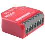 Rotes Shelly Smart-Relais 1PM Gen4 im 4er-Pack für die Hausautomation, Detailansicht der Anschlüsse.