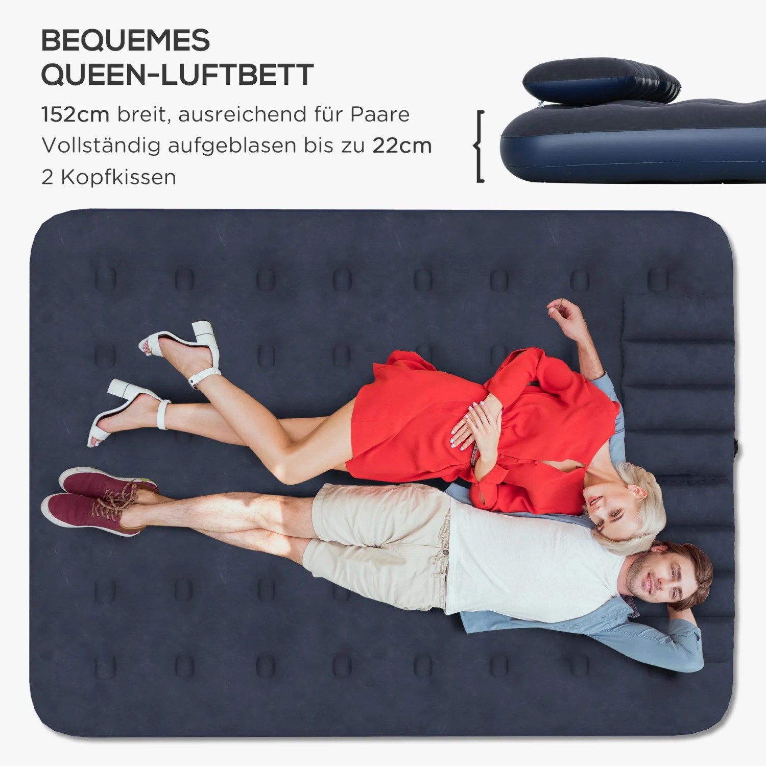 Blaues Outsunny Queen-Luftbett mit beflockter Oberfläche, auf dem ein Paar bequem liegt. Ideal für Camping.