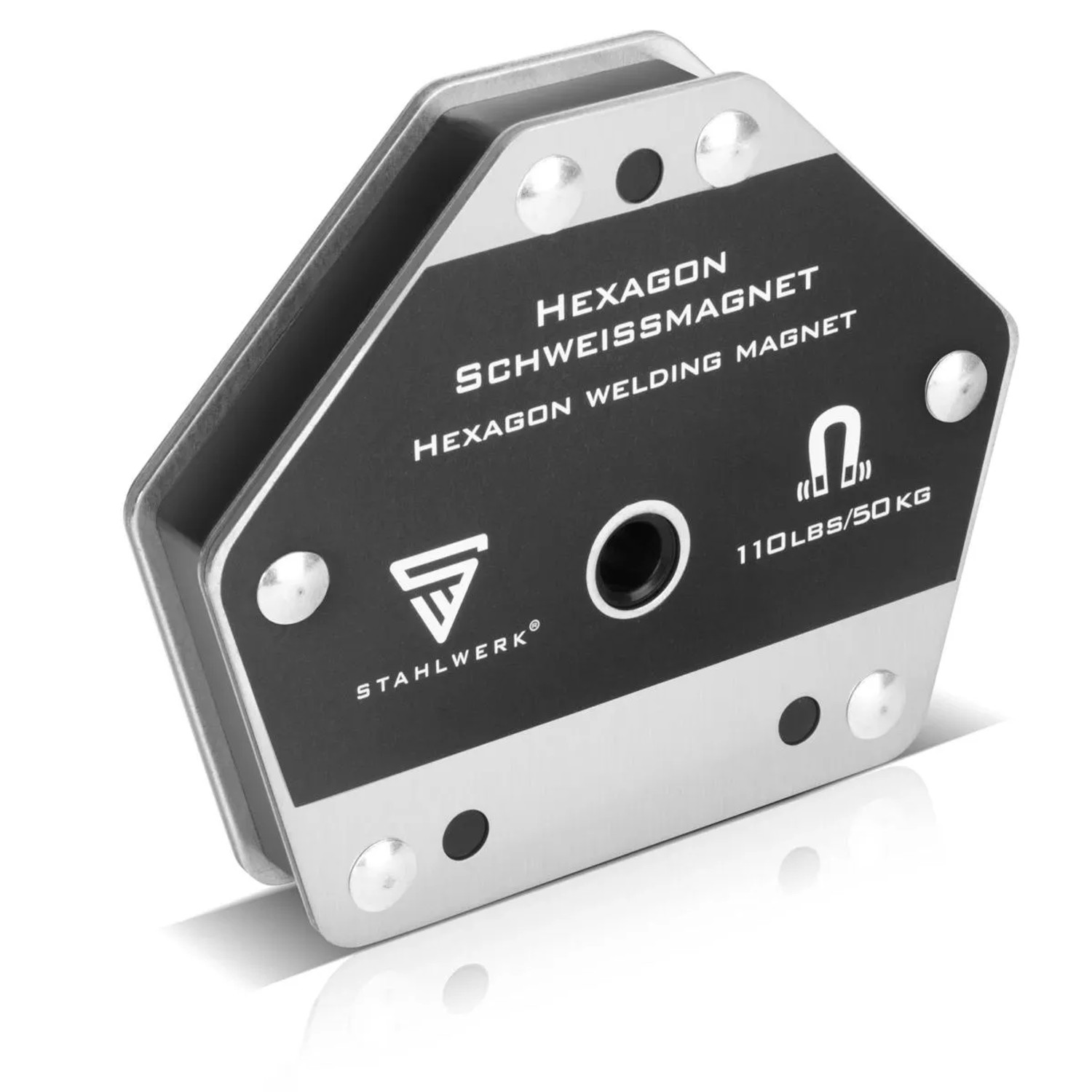 STAHLWERK Hexagon Schweißmagnet, schwarz-silber, 50 kg Haftkraft. Ideal zum Fixieren von Werkstücken beim Schweißen.