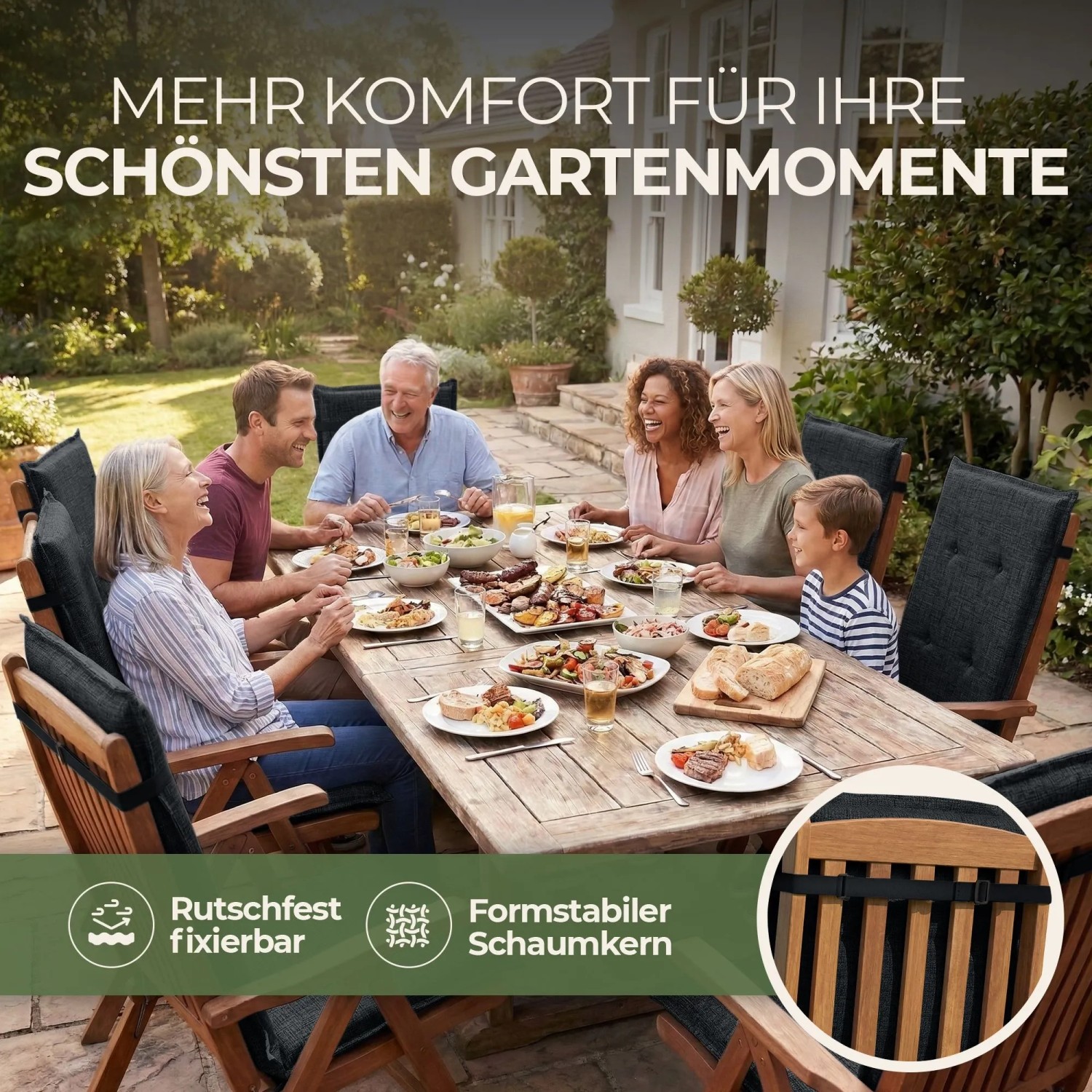 Dunkle Hochlehner Auflagen auf Gartenstühlen, genutzt von lachender Familie beim Essen im Garten. Komfortable, fixierbare Sitzkissen.