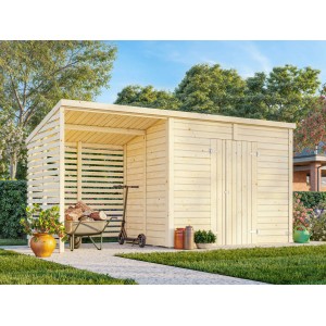 Palmako Gerätehaus Leif, grau tauchgrundiert, 460x170 cm, mit Doppeltür und offenem Bereich. Ideal für Garten und Geräte.