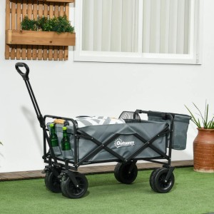 Outsunny Gartenwagen, grau, mit Stahlrahmen, Kühltasche und Teleskopstange.