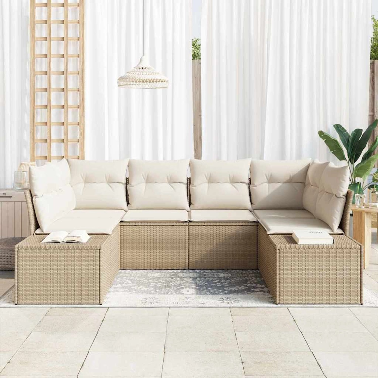 Beiges 6-teiliges vidaXL Garten-Sofa-Set aus Poly Rattan mit Kissen.