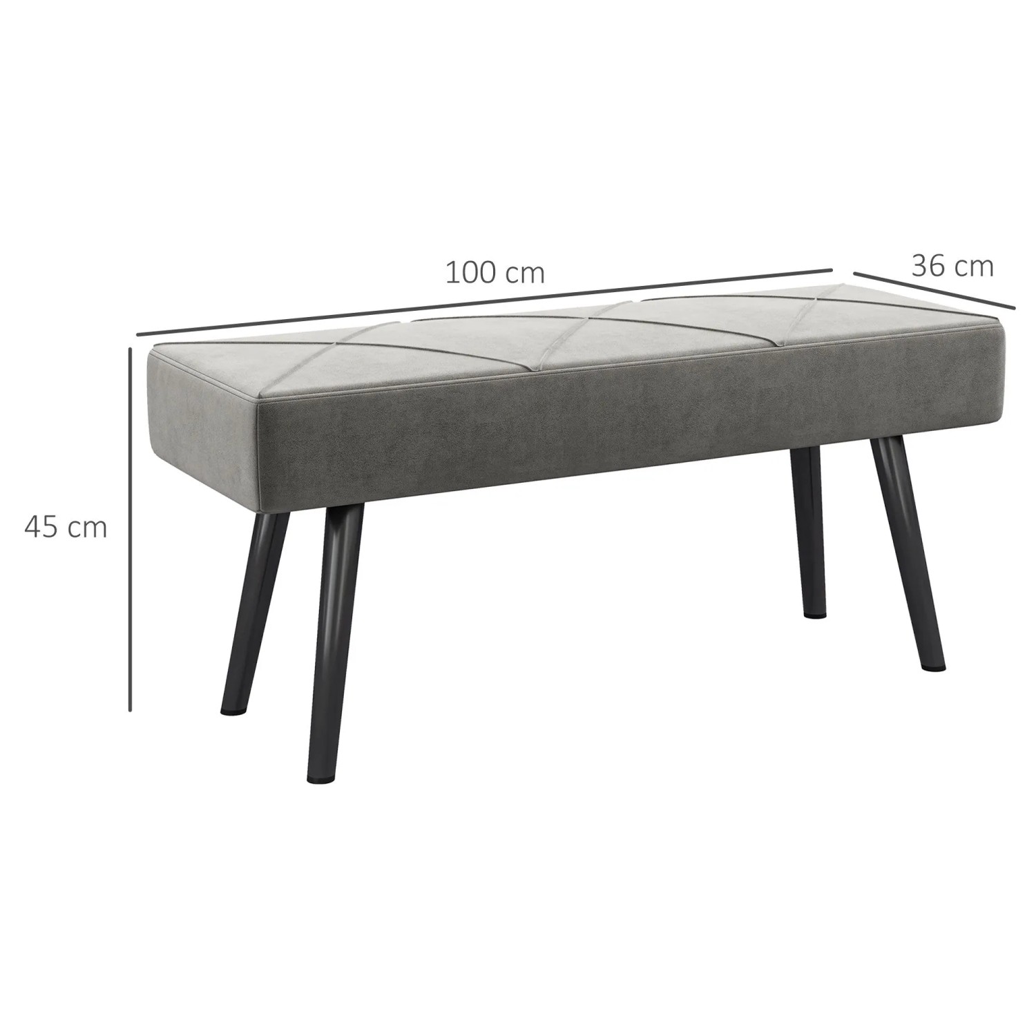 Graue HOMCOM Polsterbank in Samtoptik mit X-Muster, Stahlbeinen. Maße: 100x36x45 cm. Ideal als Schuhbank.