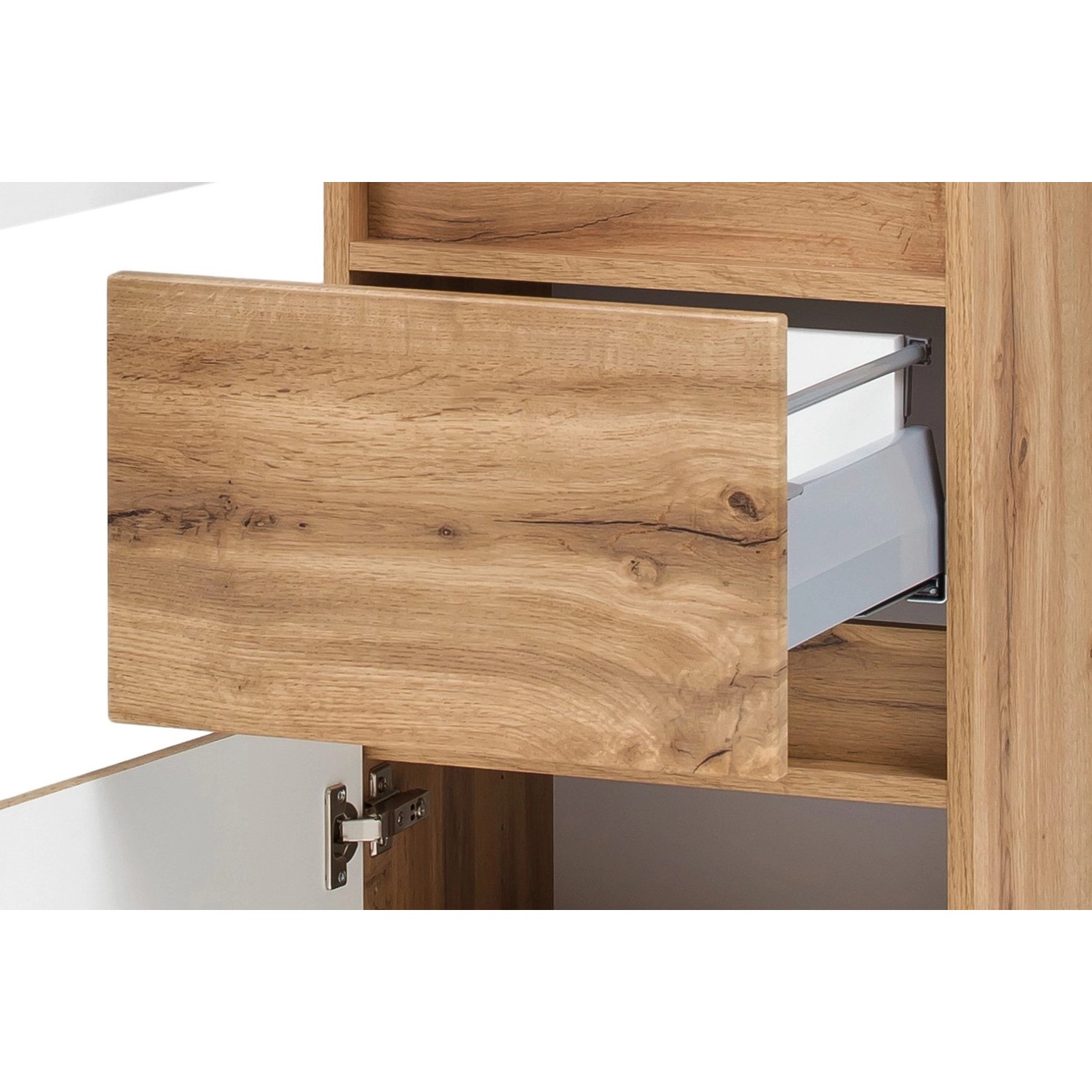 Detailaufnahme: Held Möbel Hochschrank Salerno, 40 cm, Wotaneiche mit offener Schublade.