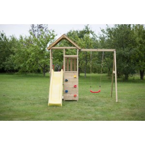 Wendi Toys Kinderspielturm Pelikan mit Rutsche, Schaukel und Kletterwand im Garten.