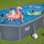 Ovaler Bestway Hydrium Stahlwandpool in Holzoptik (grau) mit Badespaß für die Familie.