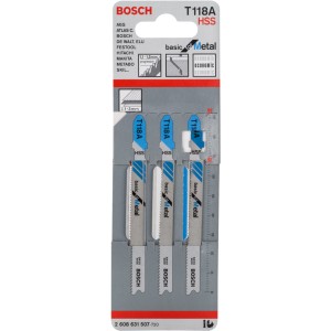 Bosch Stichsägeblätter Pro T 118 A, 3 Stück, für Metall bis 3 mm Stärke.