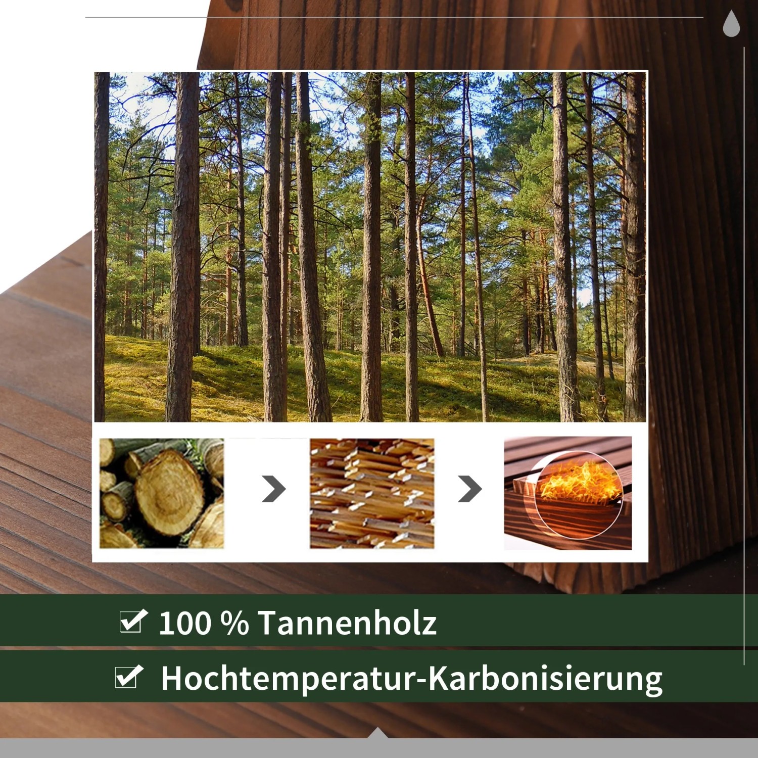 Outsunny Gartenbrunnen: Tannenholz-Herstellungsprozess von Baumstamm zu fertigem Produkt.
