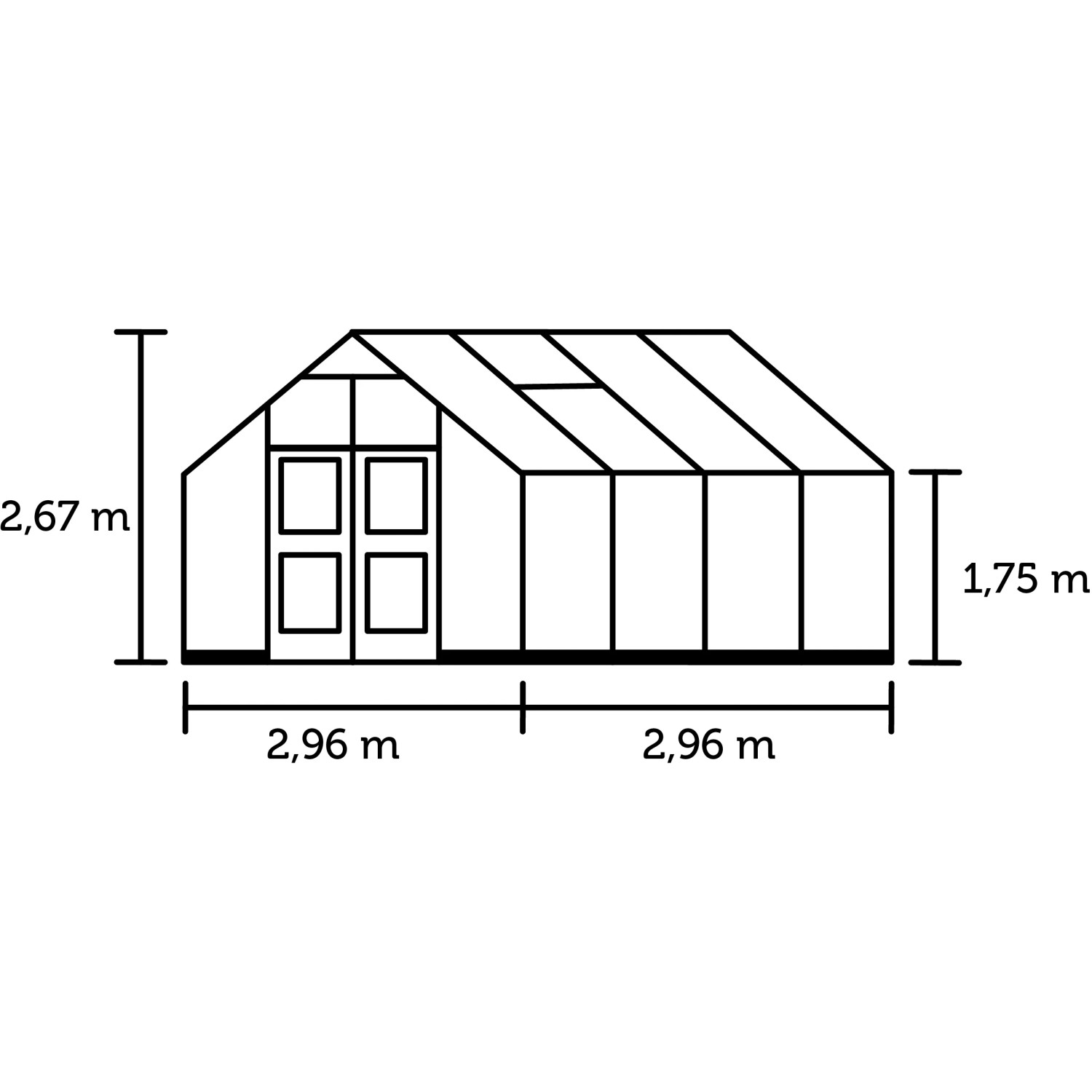 Skizze Juliana Premium 8 Gewächshaus aus Aluminium mit Maßangaben.