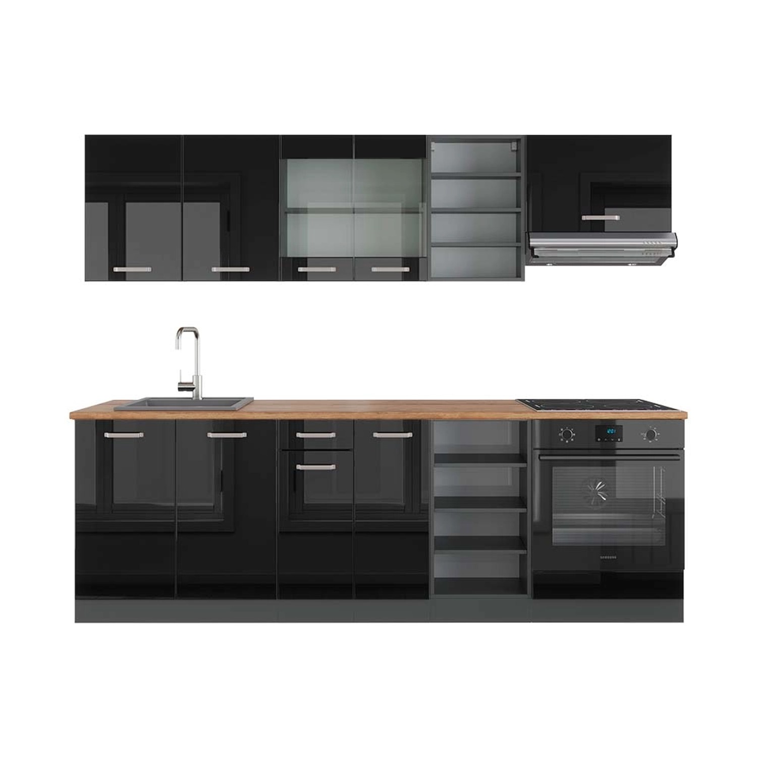 Vicco R-Line Küchenzeile Schwarz Hochglanz/Anthrazit 240 cm AP Eiche günstig online kaufen