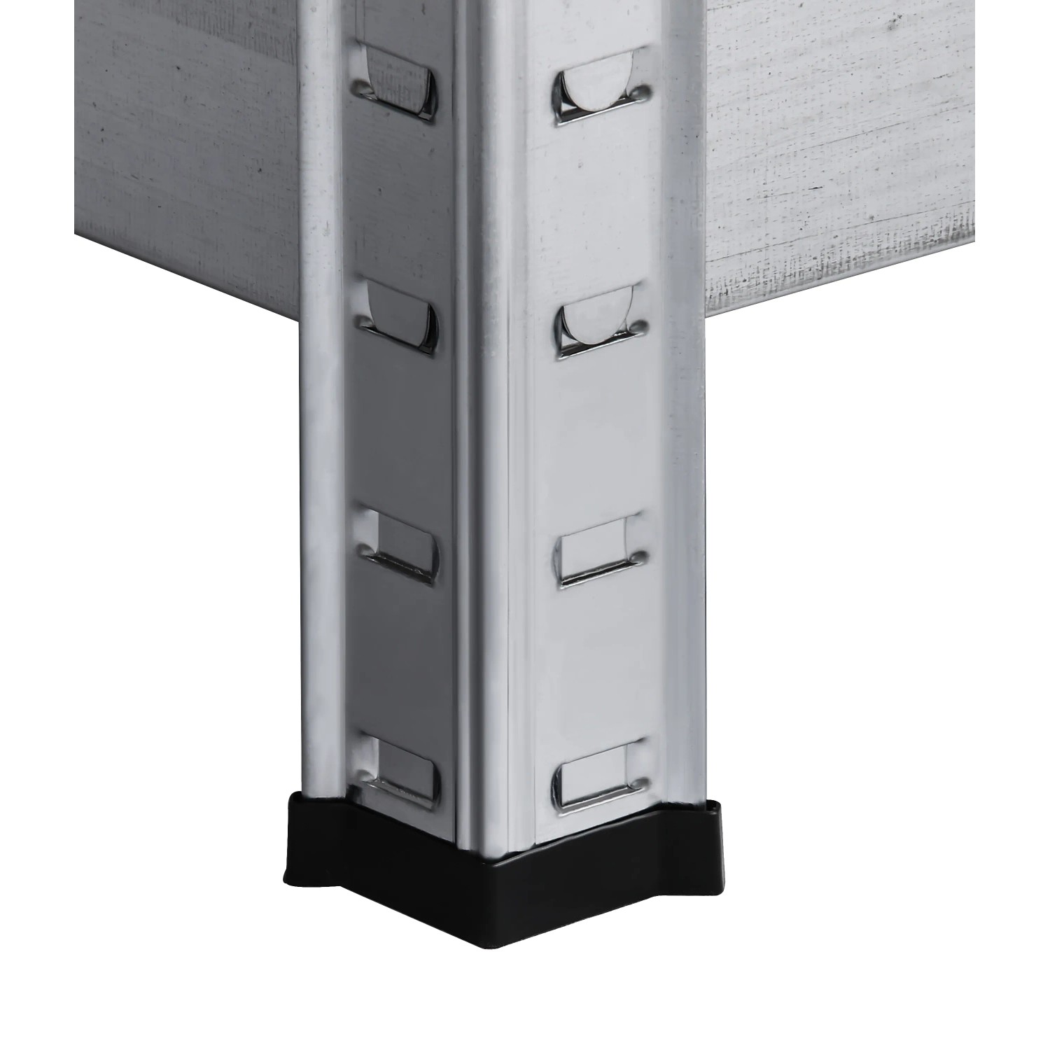 Detailaufnahme: Verzinktes Schwerlastregal mit Stecksystem und schwarzem Fuß.