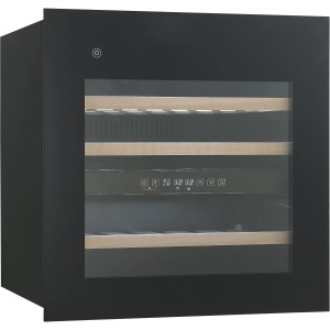 Schwarzer Wolkenstein Einbau-Weintemperierschrank EWTS85-36ED mit Glasfront und LED-Display.