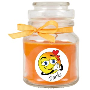 HS Candle Duftkerze "Danke" im Glas mit orangefarbenem Wachs und Schleife.