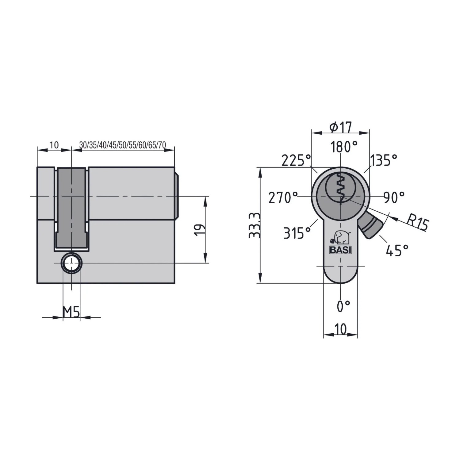 Technische Zeichnung: Basi Profil-Halbzylinder 10/55 mm, Maße und Winkel für Montage und Installation.