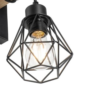 QAZQA Chon Wandlampe: Schwarzer Metallkäfigschirm mit leuchtender E27-Birne und Holzelement. Rustikale Innenleuchte.
