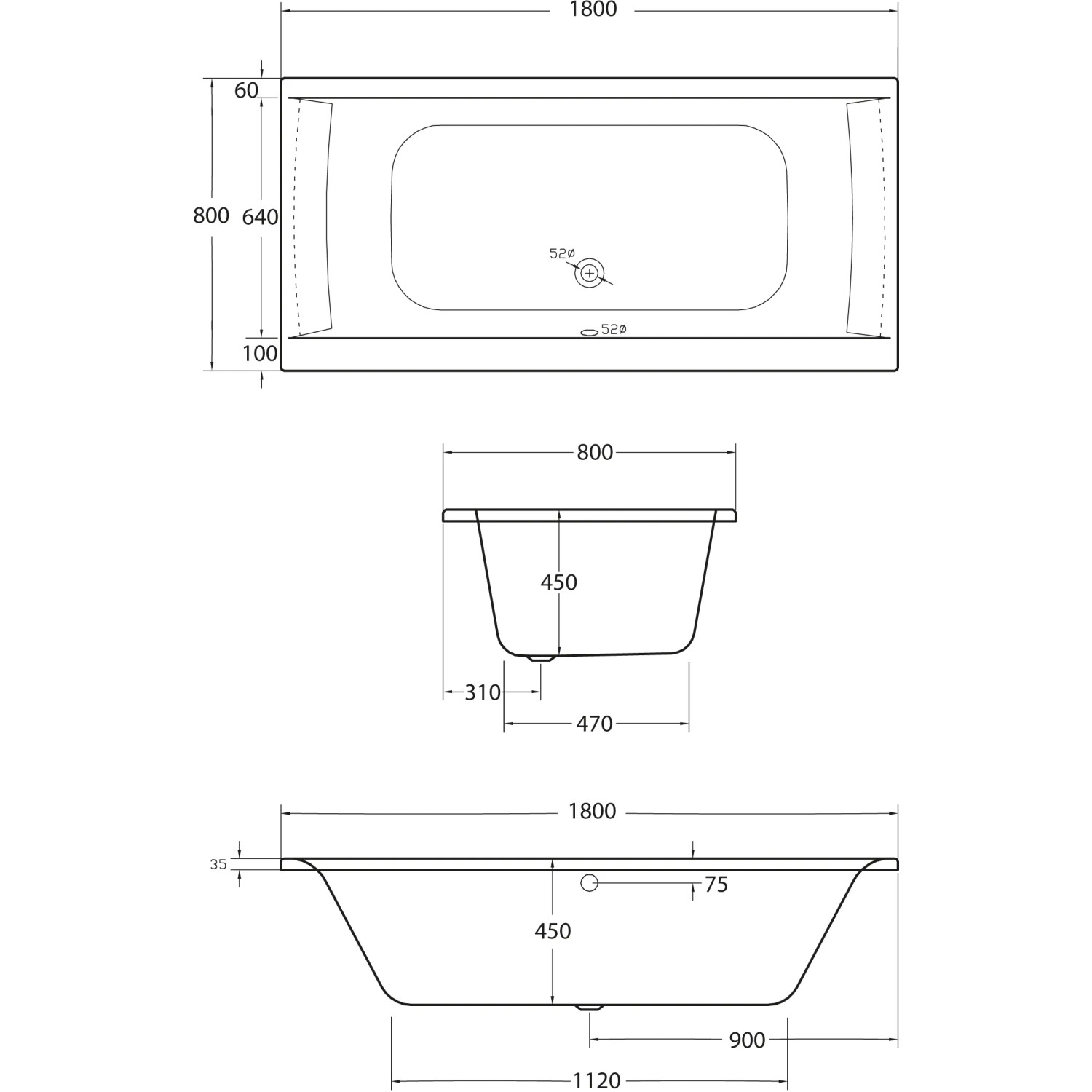 Technische Zeichnung Ottofond Badewanne Rosa, 180x80 cm, weiße Rechteck-Badewanne mit Maßen.
