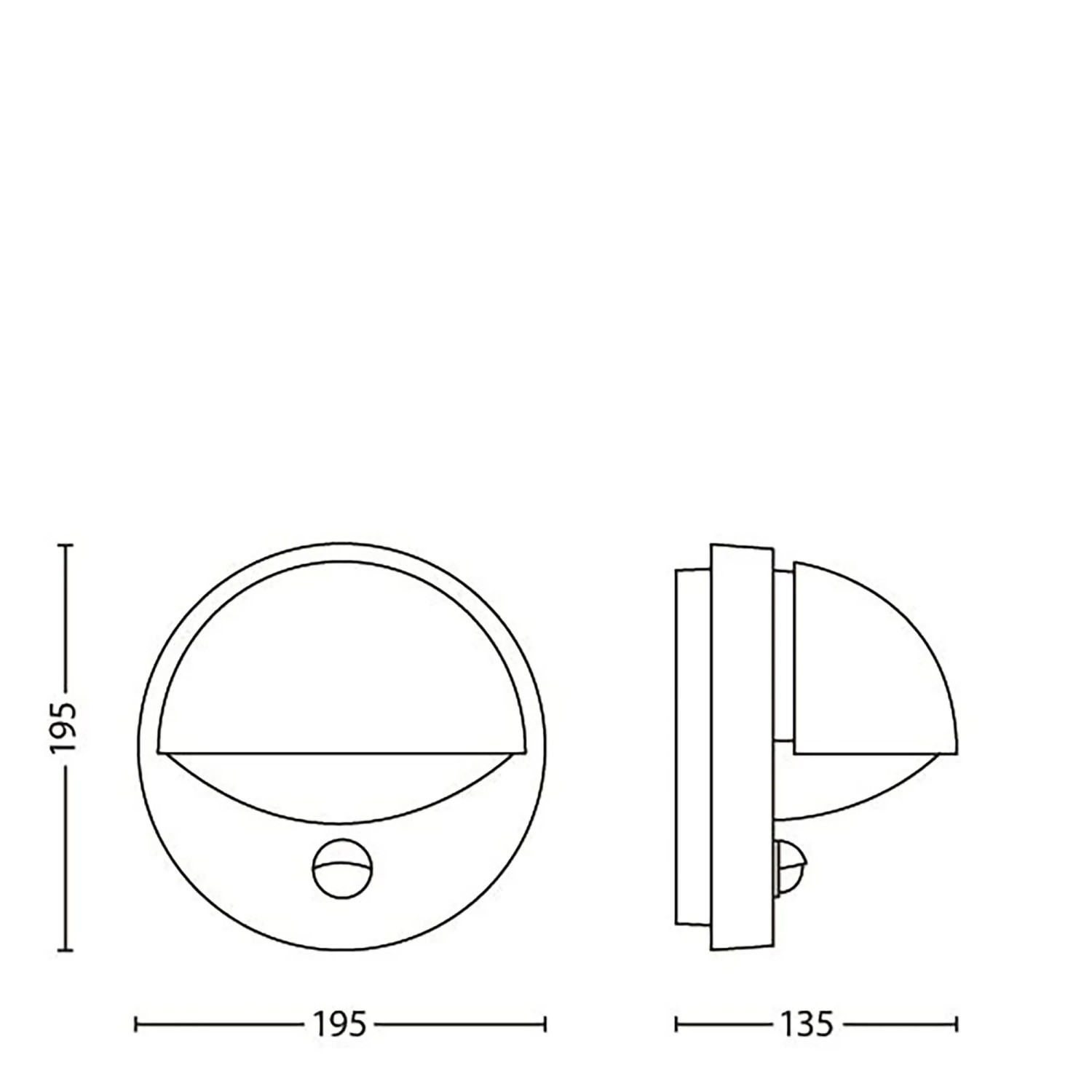 Abbildung der Philips MyGarden June Außenwandleuchte in Anthrazit mit Maßangaben.