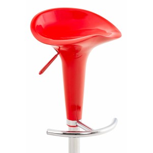 Roter Barhocker mit Kunststoffsitz, höhenverstellbar und drehbar, Chrom-Fußstütze. Modernes Design.