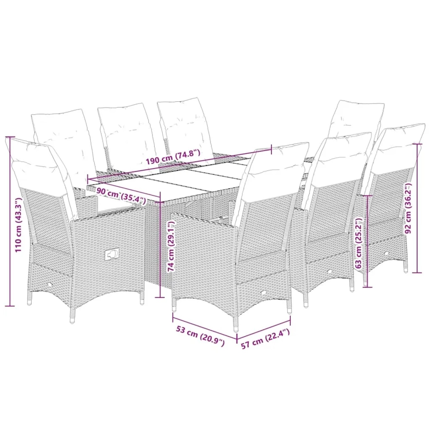 Graue 9-teilige Garten Essgruppe aus Polyrattan mit Tisch und Stühlen mit Kissen.