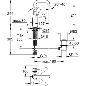 Technische Zeichnung: Grohe Essence L-Size Waschtischarmatur mit Maßen und Anschlüssen.