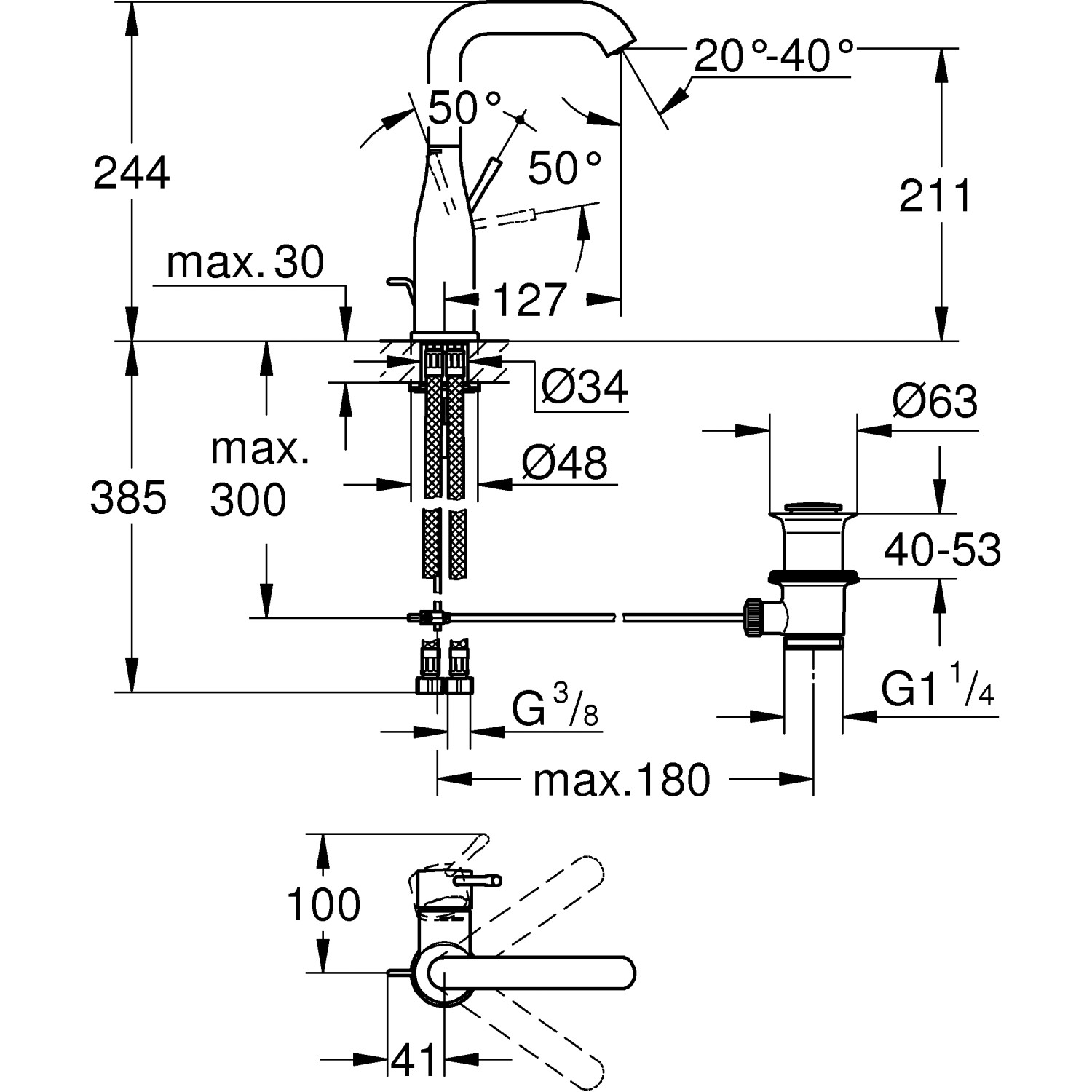 Technische Zeichnung: Grohe Essence L-Size Waschtischarmatur mit Maßen und Anschlüssen.