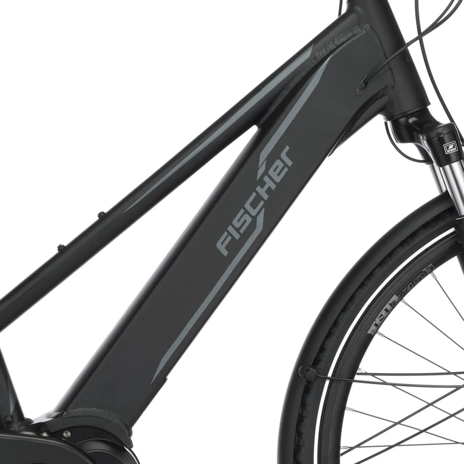 Detailaufnahme: Graues Fischer E-Bike Damen Viator 4.0i mit integriertem Akku.