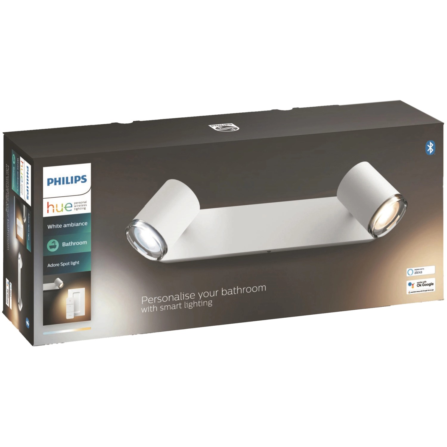 Verpackung der Philips Hue Adore Badleuchte mit 2 weißen Spots und Dimmer.