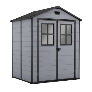 Graues Keter Kunststoff-Gartenhaus Lineus mit Doppeltür und Fenstern, 185x152 cm.