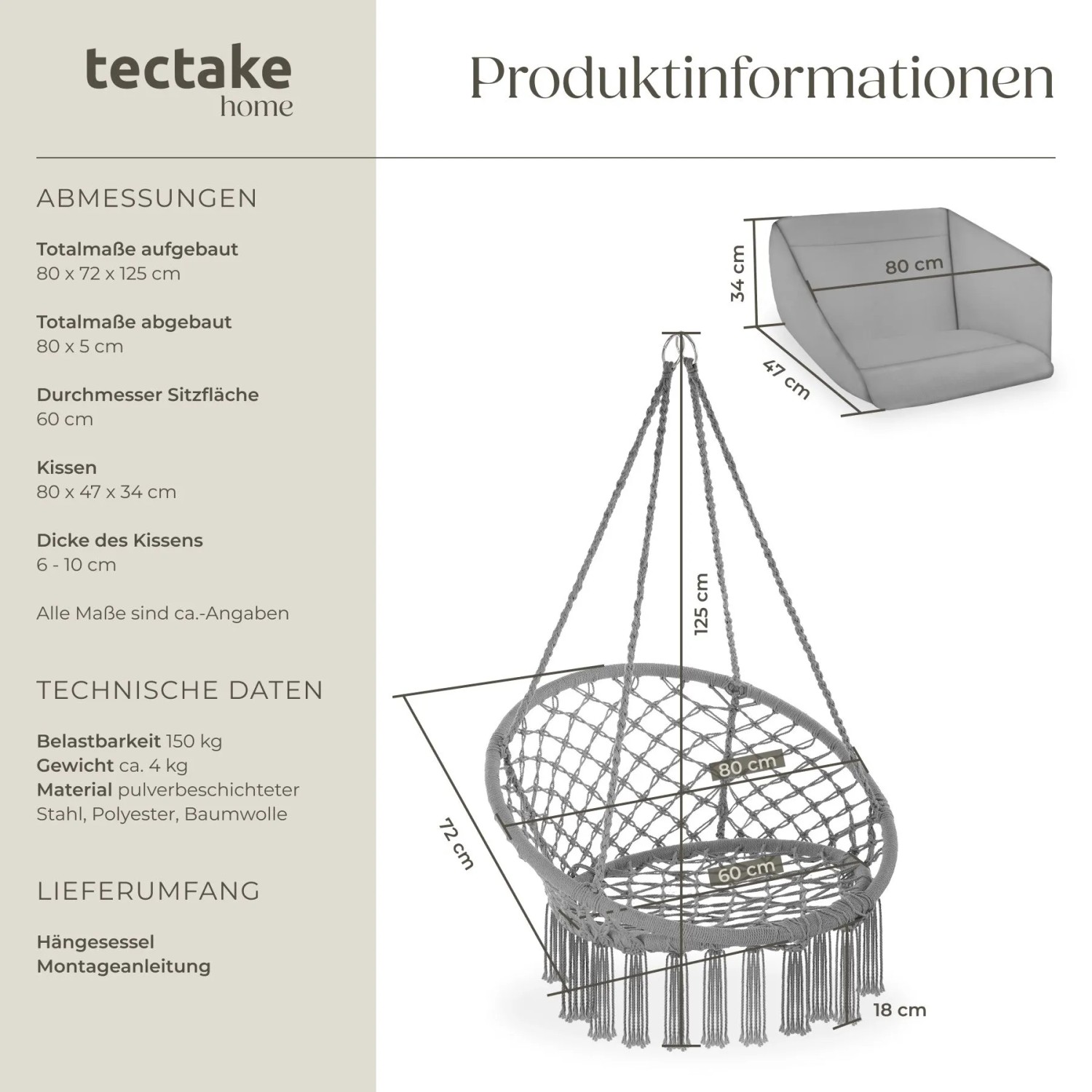 Tectake Hängesessel Grazia Mit Sitz  und Rückenpolster Stabil und Strapazierfähig  72 x 80 x 125 cm Grau_6