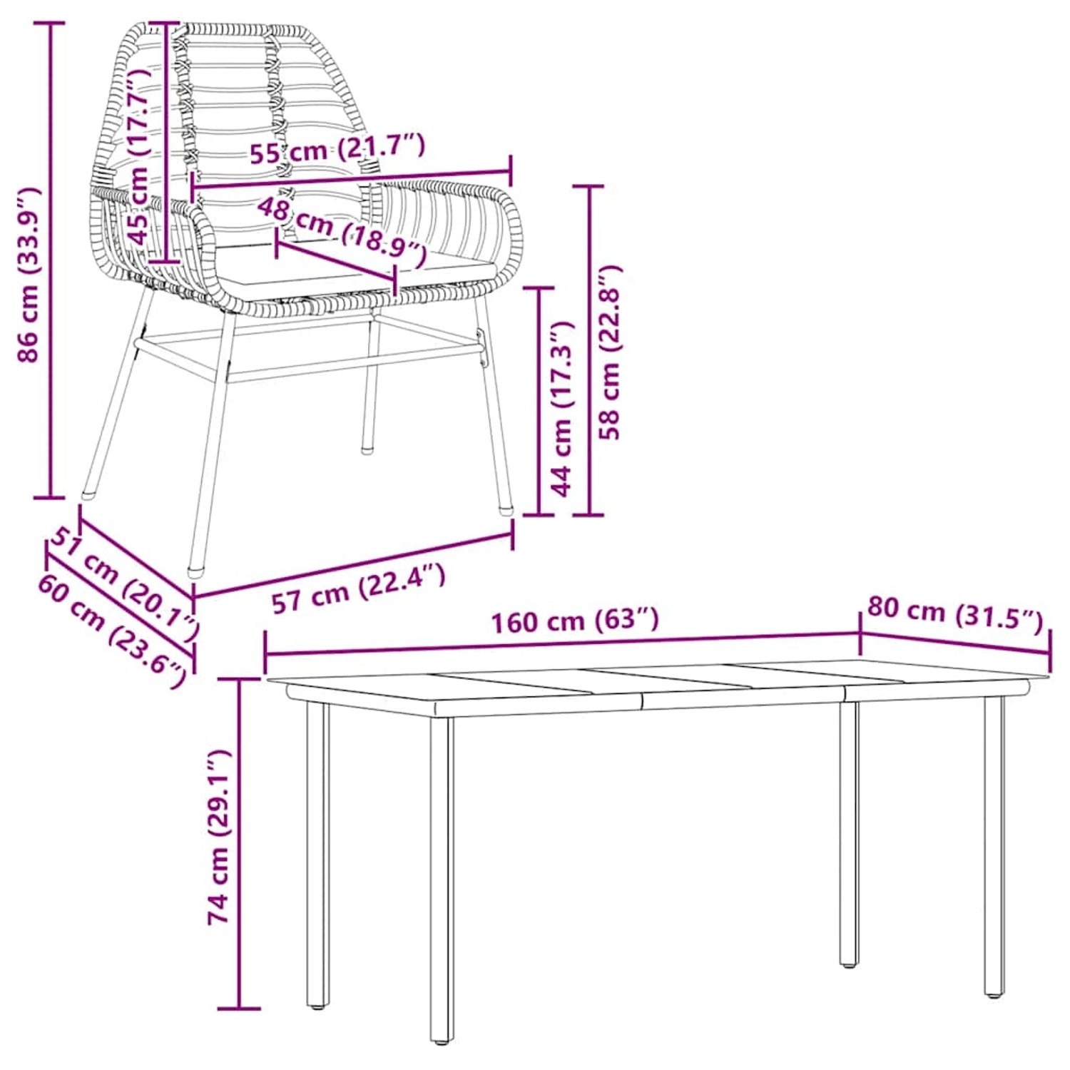 vidaXL Garten-Essgruppe, 5-teilig, schwarz, Poly Rattan, Glas, mit Maßangaben