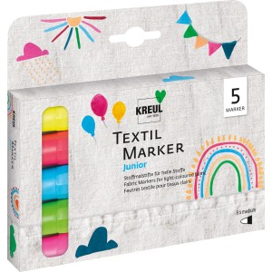 Kreul Textilmarker Junior 5er-Set: Stoffmalstifte in Gelb, Pink, Blau, Grün für helle Stoffe.