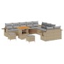 Beiges 13-teiliges vidaXL Garten-Sofa-Set aus Poly Rattan mit Tisch und Hockern.