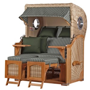 Komplettset: Teak Strandkorb Ammersee mit Bullauge, PE Shell Geflecht, inkl. Zubehör.