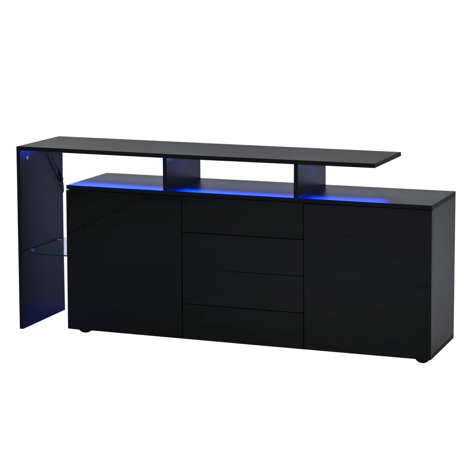 ModernLuxe Sideboard mit 2 Türen 4 Schubladen Led Beleuchtung Ablagen Spanplatte Schwarz