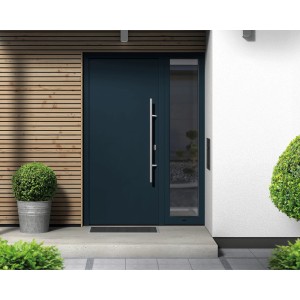 EcoStar Haustür Isopro IP 010 in Anthrazitgrau mit Seitenteil und Edelstahlgriff.