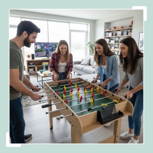 Personen spielen an einem Relaxdays Kickertisch aus MDF, Kunststoff und Eisen in Natur und Grün.