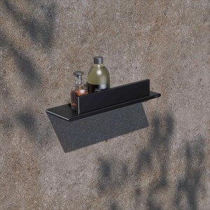 Keuco Rose Duschablage mit Abzieher, schwarz-matt, an Wand montiert mit Duschutensilien. Badaccessoire.