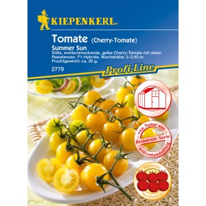 Kiepenkerl Cherry-Tomate Summer Sun Samen: Gelbe, süße Tomaten auf der Rispe.