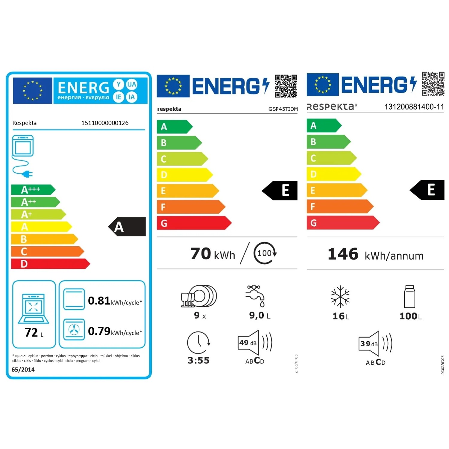 Energieeffizienzlabel für Respekta Einbaugeräte der Küchenzeile: Backofen A, Geschirrspüler E, Kühlschrank E.