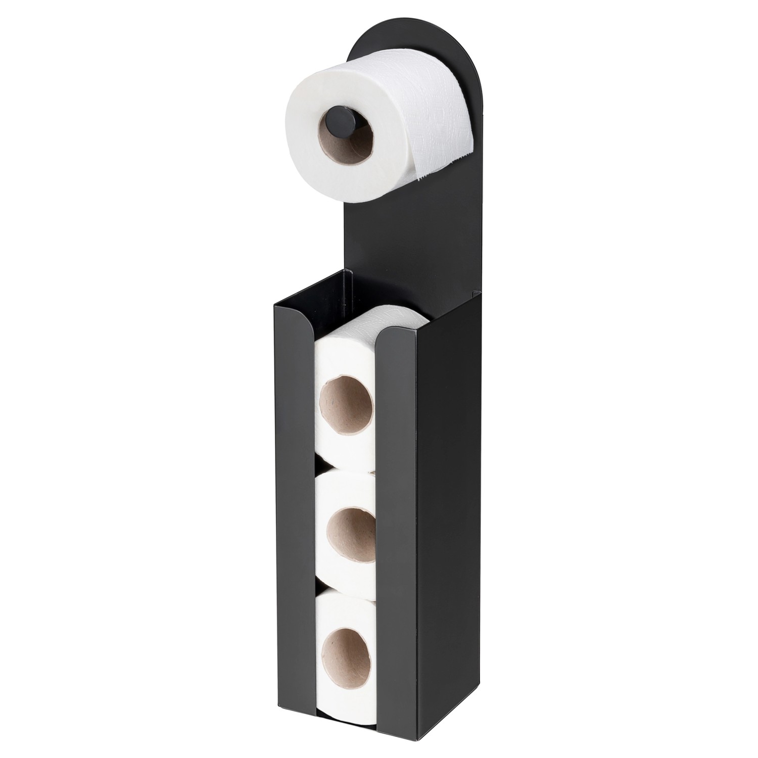 Wenko Toilettenpapierhalter Agira 2-in-1, schwarz, mit Papierrolle und Platz für 3 Ersatzrollen.