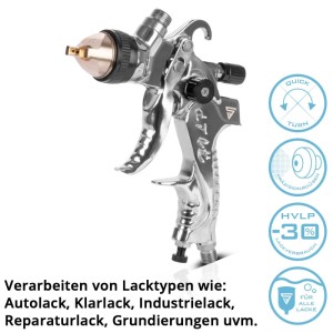 Silberne STAHLWERK HVLP Lackierpistole SG-250 ST mit Messingdüse. Präzise Sprühpistole für Lacke, Autolacke, Möbel. Handwerkzeug.