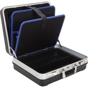 Offener LUX ABS Werkzeugkoffer mit Fächern und Werkzeugpaletten.