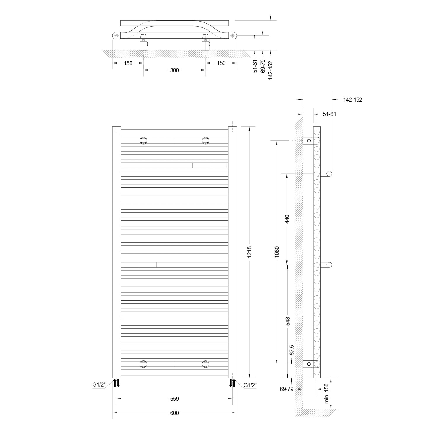Technische Zeichnung: Schulte Design-Heizkörper Miami, Anthrazit, Maße und Anschlüsse.