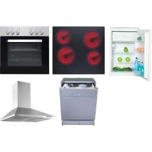 Flex-Well Küchengeräte-Set 7: Einbauherd, Kochfeld, Kühlschrank, Geschirrspüler und Dunstabzugshaube.